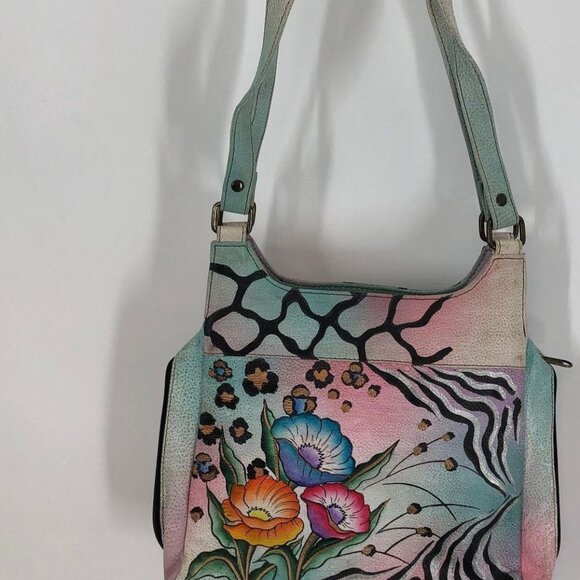 ANUSCHKA Women's Hand Painted Leather Animal Floral Zip Around Shoulder Bag - Picture 3 of 3